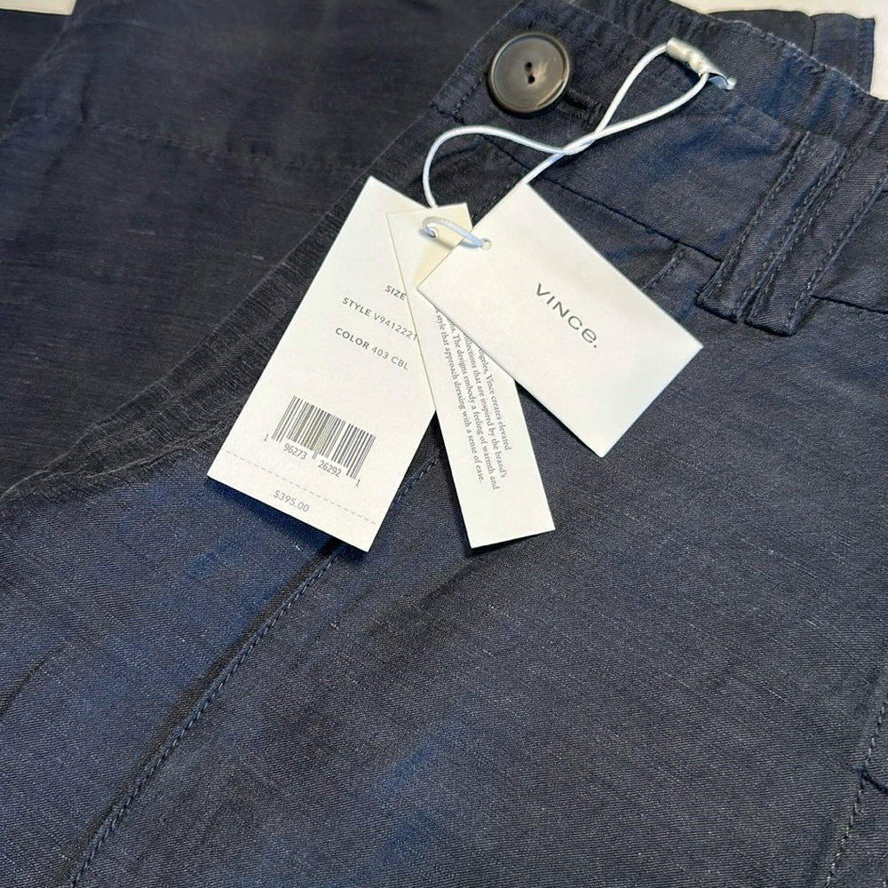 Vince Navy Wide Leg Linen Blend Cargo Pants